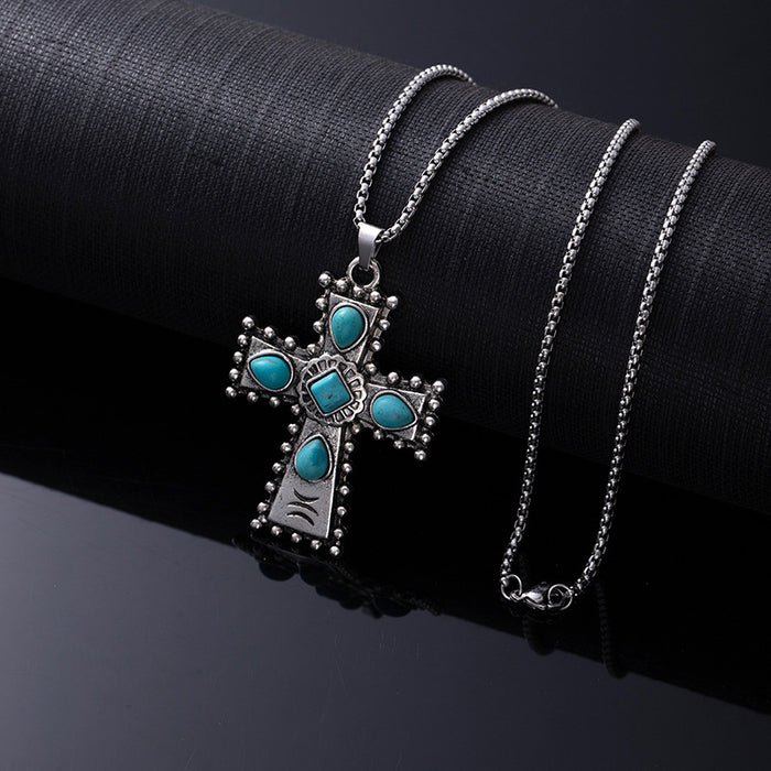 Wholesale Retro Western style natural turquoise necklace,  retro versatile titanium steel chain,  ethnic accessories