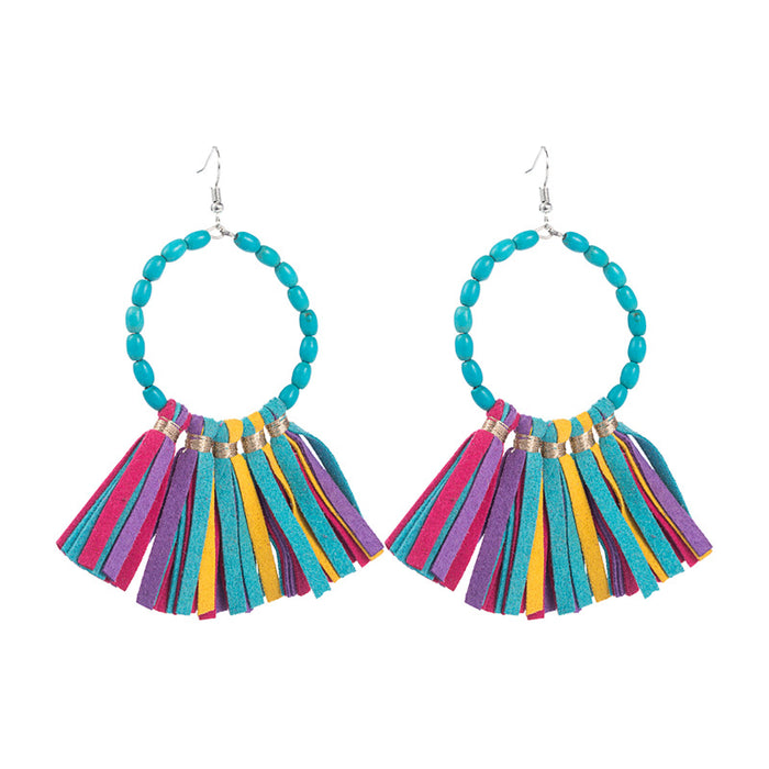 Wholesale Large round turquoise handmade leather tassel statement earrings