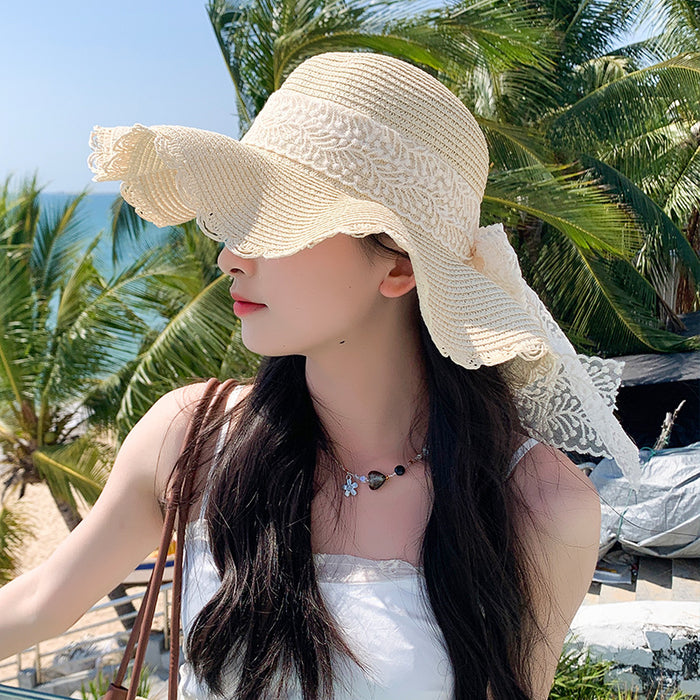 Wholesale Lace bow big brim straw hat breathable sun shading hat fisherman hat