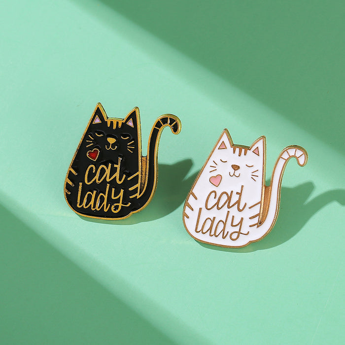 Wholesale Boutique Metal Cat Brooch With Black And White Letter Design Stylish Clothing Pin Accessory For Everyday Wear