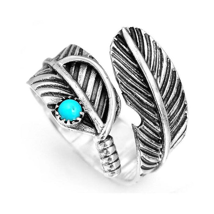 Wholesale Pine stone ring, fashionable vintage feather ring, men's and women's style, open mouth Thai silver ring