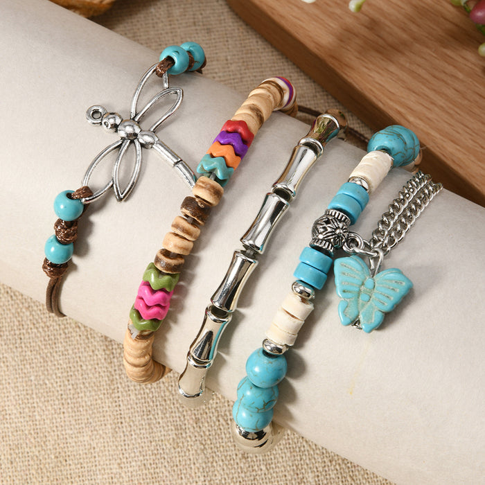 Wholesale 4-piece set of multi-layered Bohemian style simple dragonfly turquoise butterfly tassel beaded bracelets
