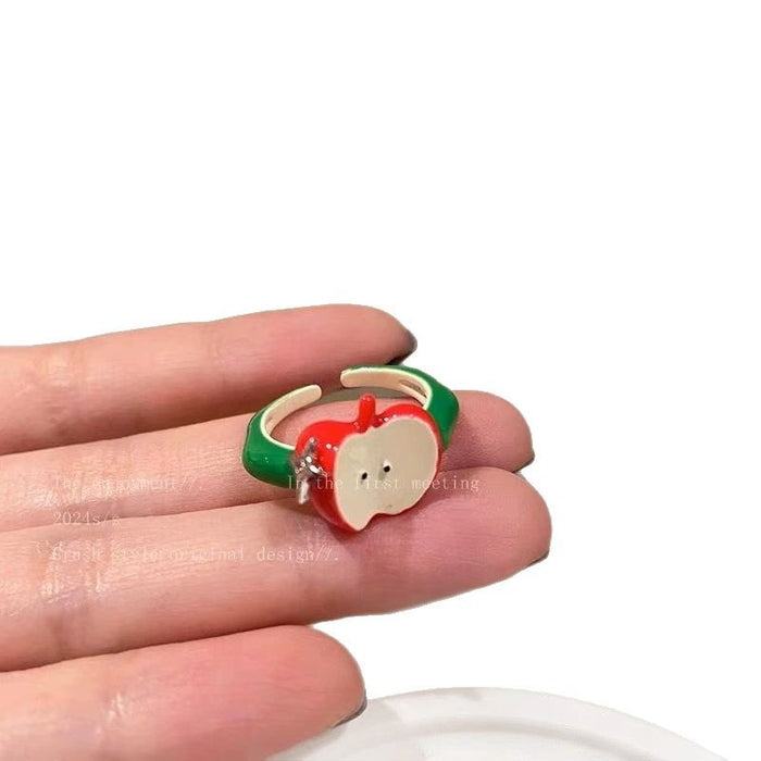 Wholesale Sweet and lovely sliced red and green apple ring, niche design, personalized and versatile ring