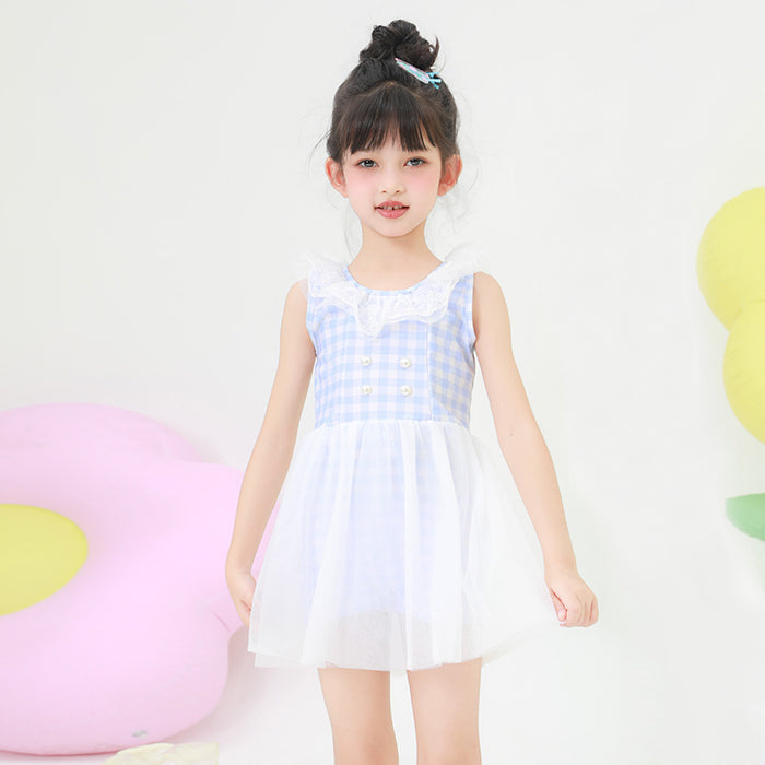 Wholesale Children's swimsuit plaid skirt style dress polyester swimsuit wholesale