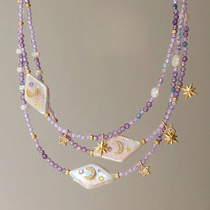 Wholesale Moon and Star Purple Beaded Pearl Necklace