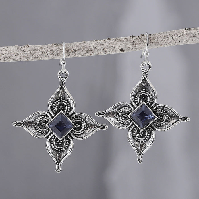 Wholesale 2pcs retro inlaid sapphire flower earrings