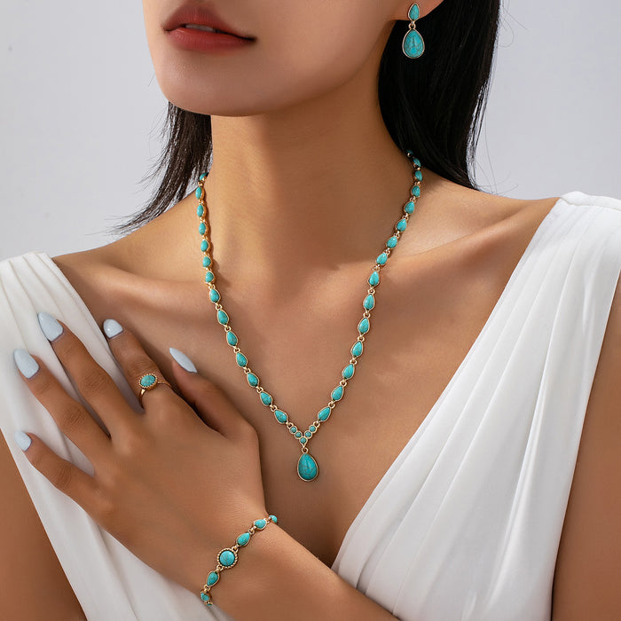 Wholesale Retro French Teardrop Imitation Turquoise Jewelry Set For Women Earrings Necklace Bracelet Party Wear Gift Trendy Accessory