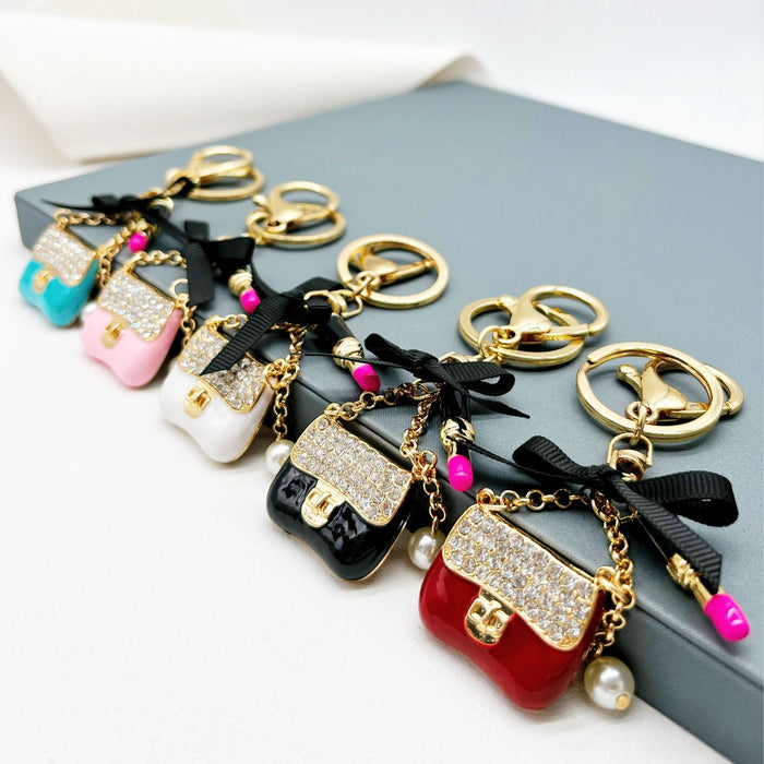 Wholesale Rhinestone Lipstick Bow Small Shoulder Bag Alloy Keychain JDC-KC-ZhanLun005