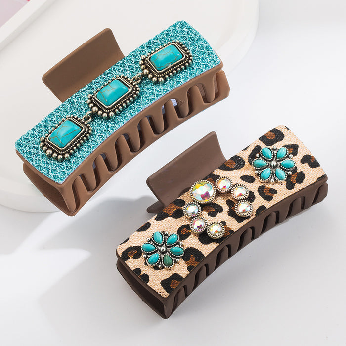 Wholesale Ancient Silver Alloy Turquoise Accessories Western Style Clip Retro Leopard Print Sequin Leather Fashion Back Head Clip