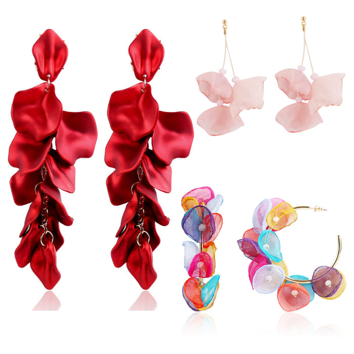Wholesale Exaggerated flower tassel earrings, personalized earrings, temperament long fabric earrings, red flower earrings