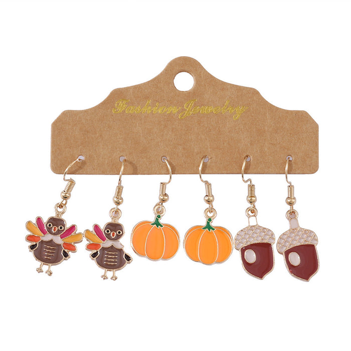 Wholesale Thanksgiving Turkey Pumpkin Earring Set Creative Sandwich Pine Cone Oil Drop Jewelry for Women