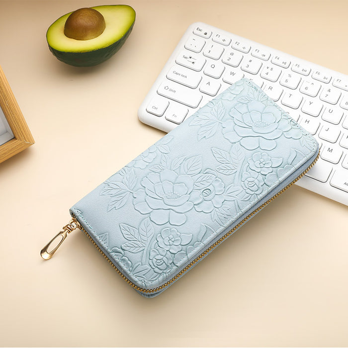 Wholesale Literary Floral Embossed Women' s Pu Wallet Light Blue Daily Matching Boutique MOQ:3