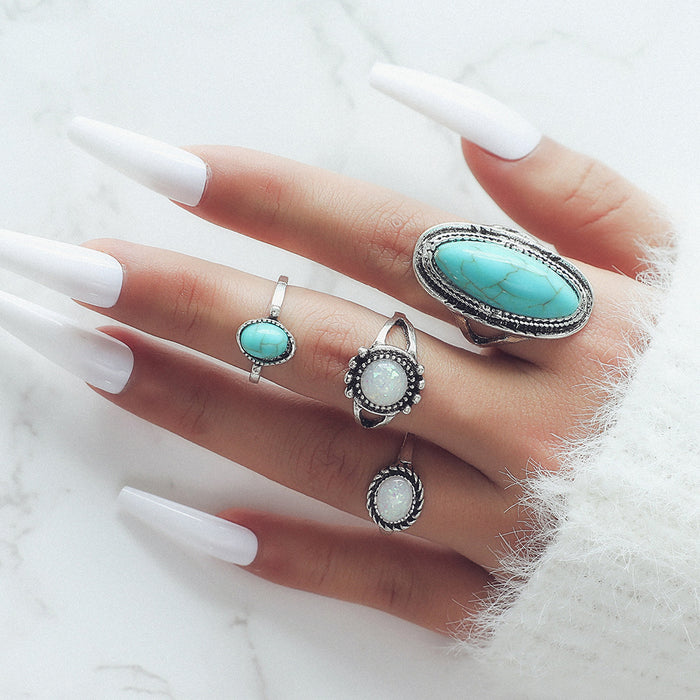 Wholesale Ethnic Style Retro Turquoise Carved Feather Ring Fashionable and Personalized 8-Piece Combination Ring Set