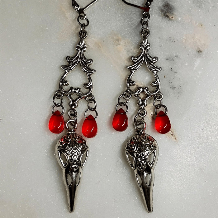 Wholesale Gothic Skull Crow Red Teardrop Dangle Earrings Dark  Party Jewelry Fashion Accessory Boutique Resale
