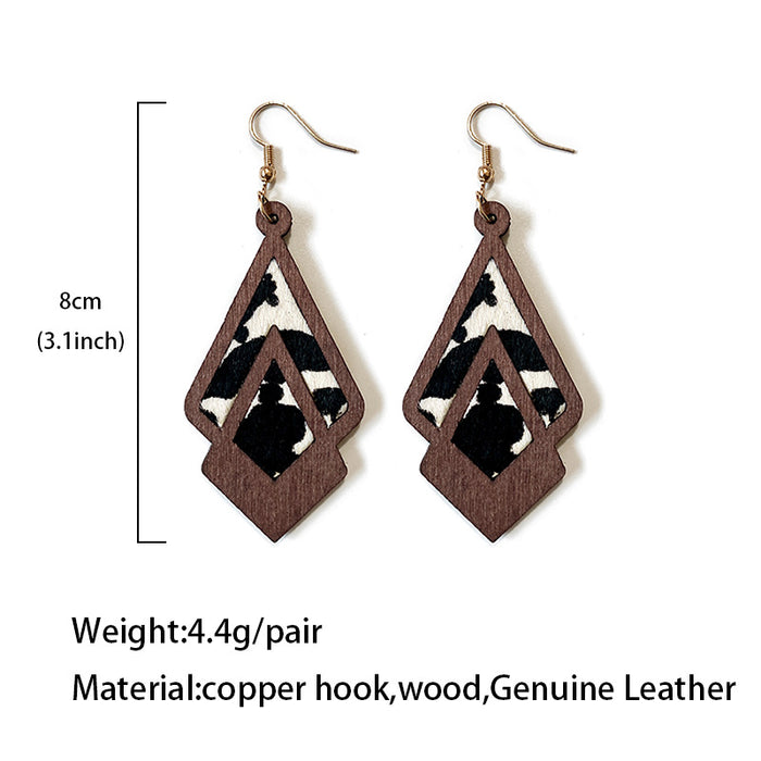 Wholesale Western retro wooden earrings leopard print milk pattern inlaid earrings geometric hollow