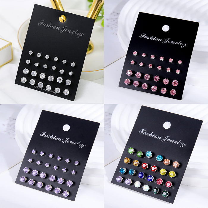 Wholesale Zinc Alloy Zircon Earring Set 12 Pairs Geometric Design Party Wear Jewelry Accessory For Women