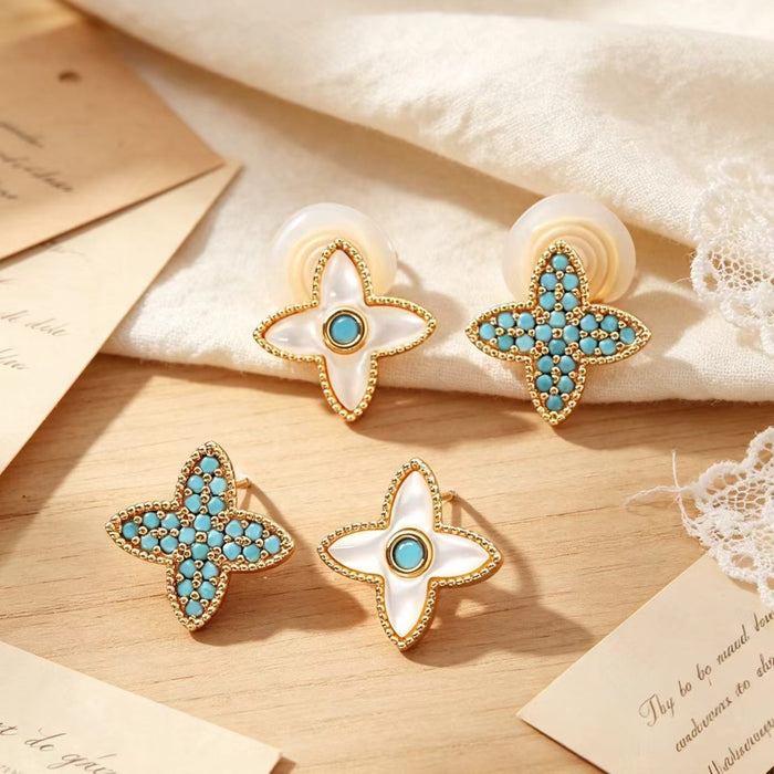 Wholesale Trendy Natural Shell Four Leaf Clover Asymmetrical Clip On Earrings For Women Electroplated Copper Fashion Jewelry Accessory