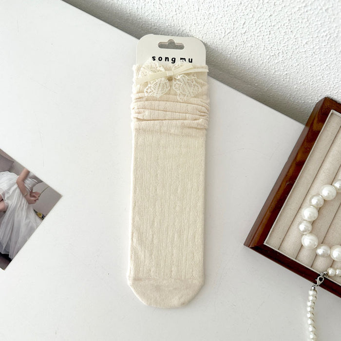 Wholesale Thin mid tube bow lace pile socks with mesh breathable cotton