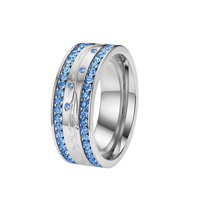 Wholesale Retro Carved Wide Band Ring Gold Stainless Steel Blue Tone Fashion Accessory
