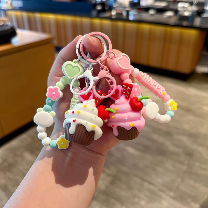 Wholesale PVC Ice Cream Cone Keychain With Love Rope Cartoon Bag Charm For Junior Gift