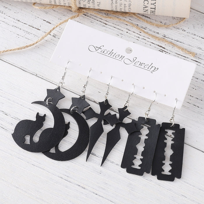 Wholesale Trendy Star Moon Cat Cross Note Pu Leather Earring Set Party Fashion Accessory