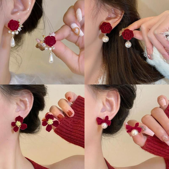 Wholesale  wine red velvet rose pearl earrings  earrings