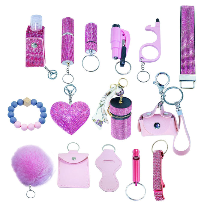 Wholesale Rhinestone Lipstick 15 Piece Keychain Set PU Leather Trendy Self Defense Accessory For Women Boutique Resale