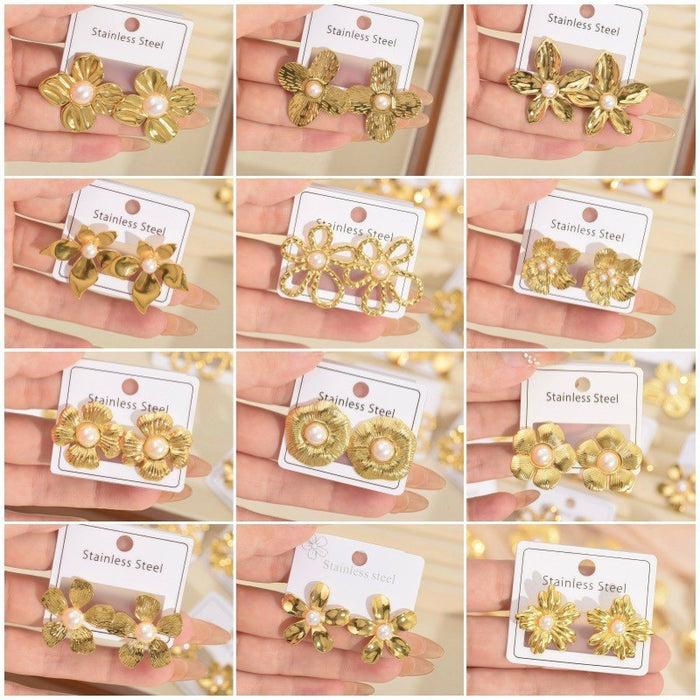 Wholesale Flower Earrings Retro-Style Pearl Earrings for Women Electroplated Stainless Steel Gold Earrings