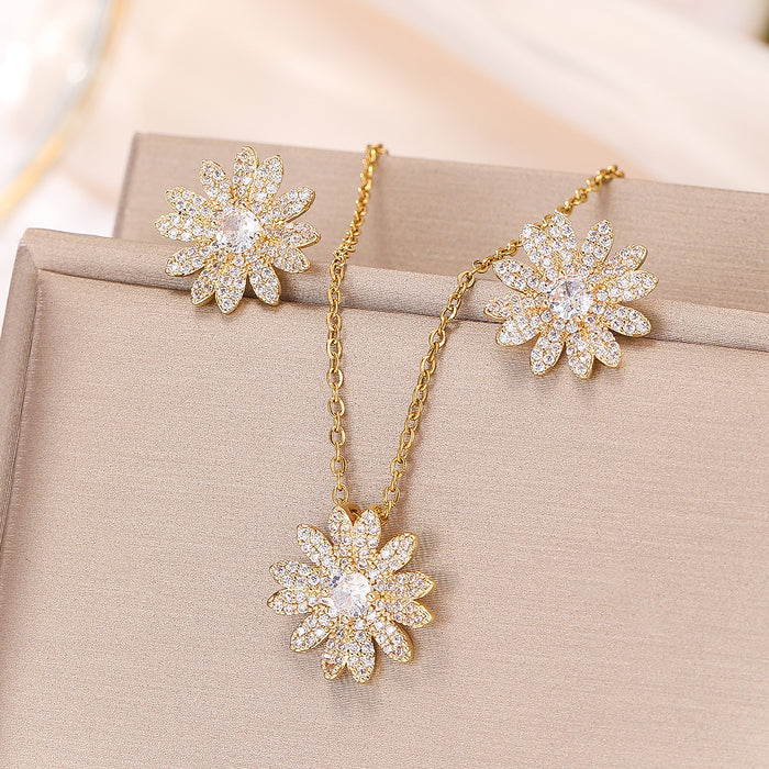 Wholesale Special for Warm Love Sunflower Copper Micro-inlaid Zircon Romantic Charming Flower Daisy Necklace Earrings suit