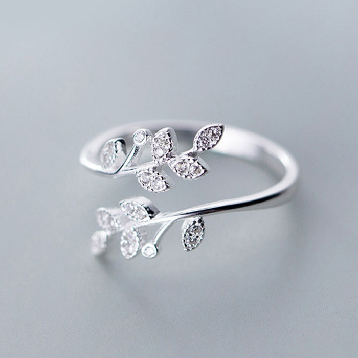 Wholesale Fashionable Diamond Leaf Ring Niche Design  Opening Adjustable Ring