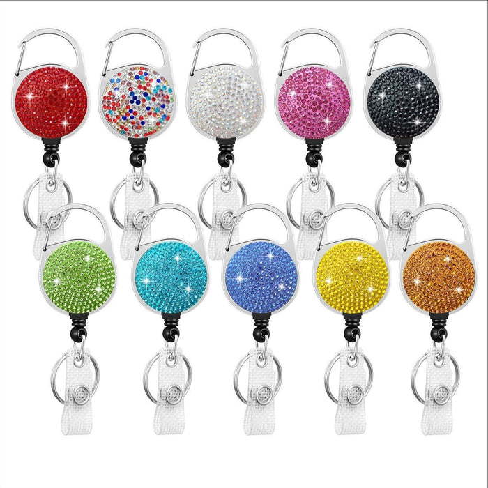 Wholesale Round Zinc Alloy AB Color Rhinestone Telescopic Clip Easy Pull Keychain JDC-KC-QiDing008