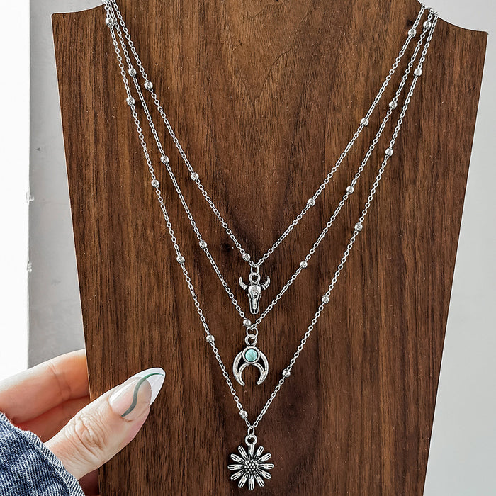 Wholesale Western Denim Style Hat Turquoise Multi-layer Necklace Women' s Vintage Flower Plate All-match Necklace