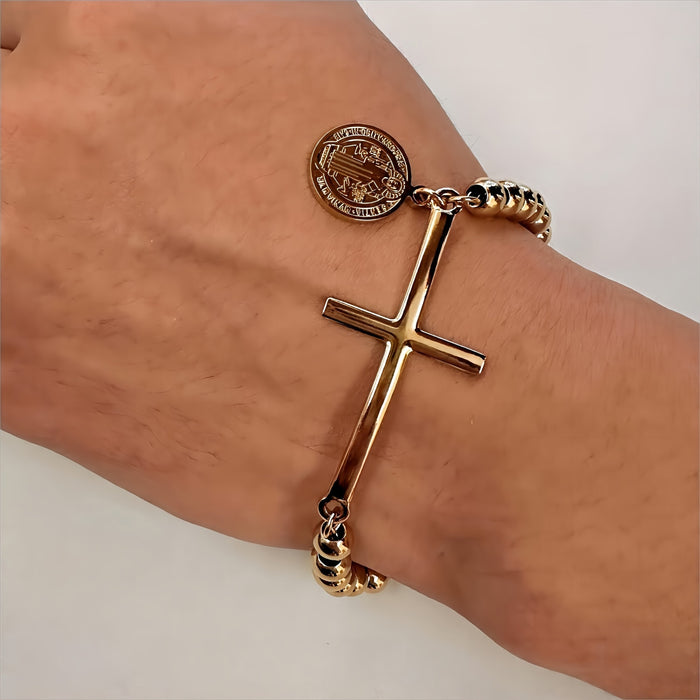 Wholesale Stainless steel round bead bead string bracelet with cross hanging tag