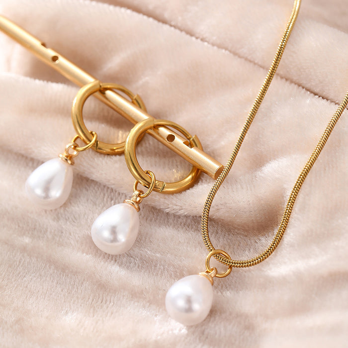 Wholesale Sophisticated Teardrop Pearl Dangle Earrings Stainless Steel Necklace Set