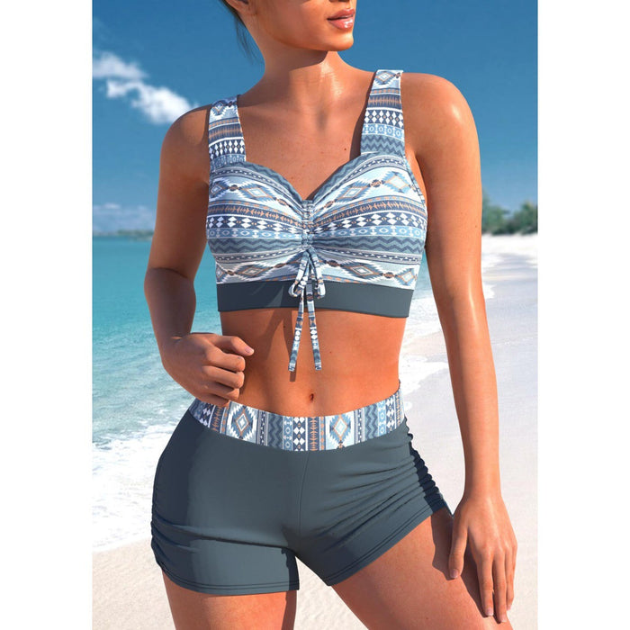 Wholesale Quick drying high waisted shorts gather sexy split bikini swimsuits in stock