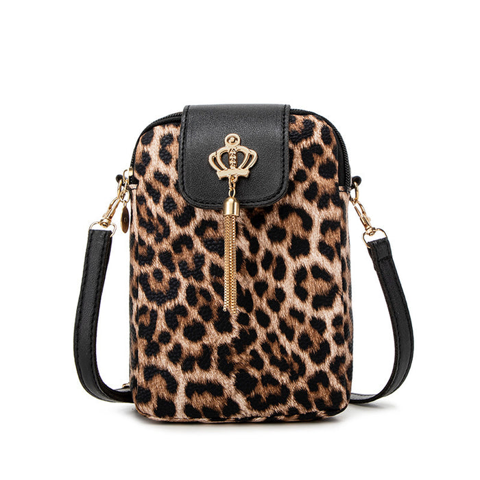 Wholesale Leopard Print Women' s Cell Phone Bag Fashion Crown Charm Embossed Crossbody Bag Shoulder Bag