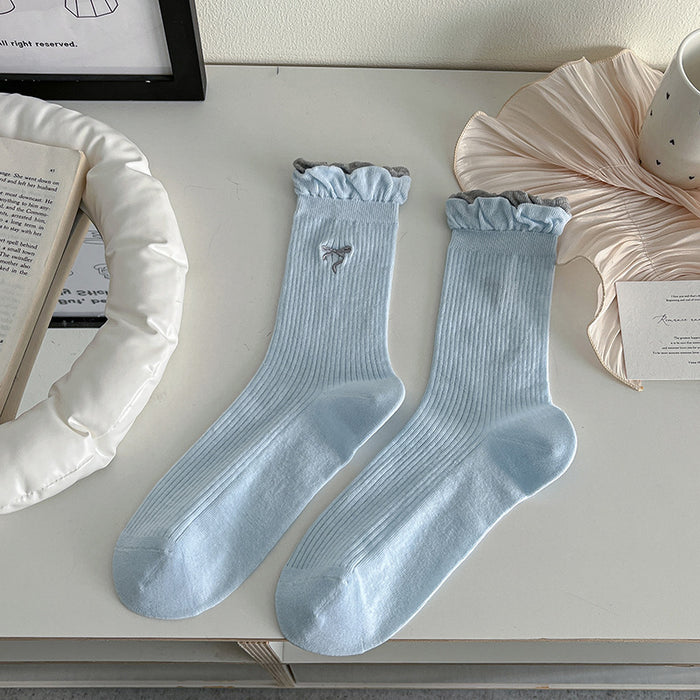 Wholesale Thin double-layer bubble mouth lace bow middle tube socks stacked with cotton socks