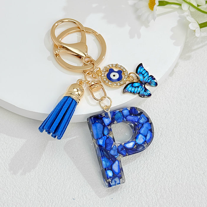 Wholesale Royal Blue 26 Letter Keychain with Evil Eye Butterfly Tassel Pendant