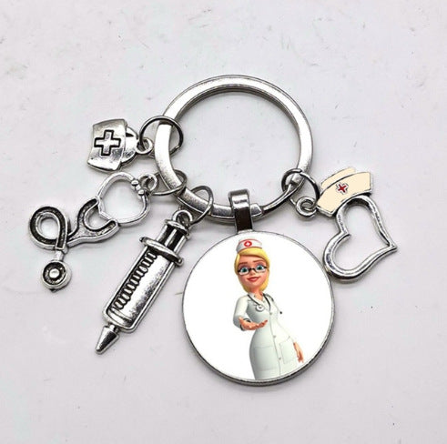 Wholesale Nurse Stethoscope Medical Syringe Picture Glass Cabochon and Glass Dome Keychain JDC-KC-HaoH010