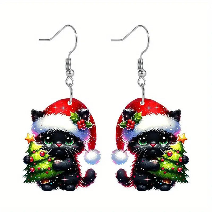 Wholesale Christmas Cat Acrylic 2D Earrings Party Fashion Accessory Gift MOQ≥2