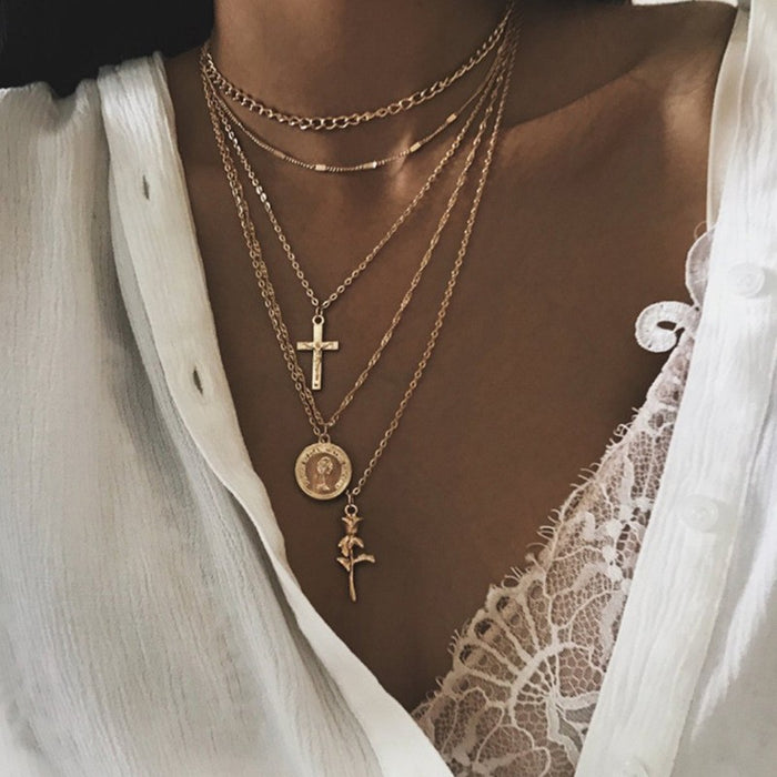 Wholesale Trendy New Fashionable Personalized Cross Rose Multi layer Necklace Combination Jewelry