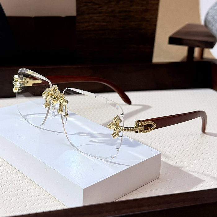 Wholesale New Cross Diamond Borderless Sunglasses with High Quality Wood Texture Leg Sunglasses for Women's Fashion Sunglasses