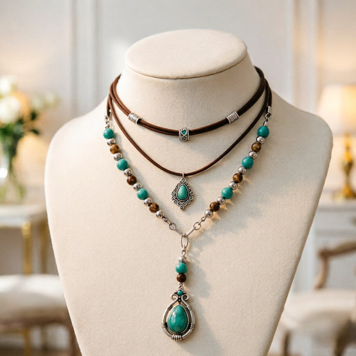 Wholesale Vintage Turquoise Beaded Collarbone Necklace Set Ethnic Heart Bull Head Pendant Layering Jewelry Gift
