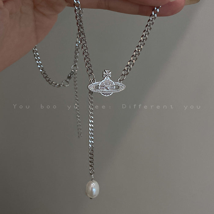 Wholesale Pearl sweater chain with high-end feel, long double layered layered titanium steel necklace, niche light luxury accessory