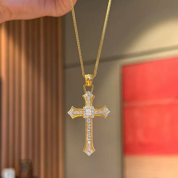 Wholesale 24K Gold Plated Brass Sapphire Blue Cross Pendant Sweater Chain Necklace Trendy Fashion Accessory