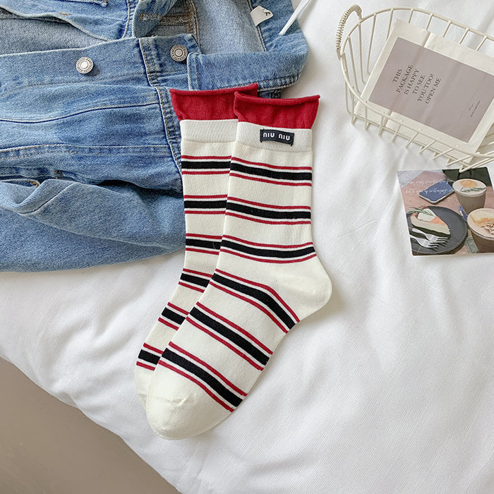Wholesale Striped socks, mid tube, double ribbed, color blocked fabric, label pile socks, versatile long tube cotton socks