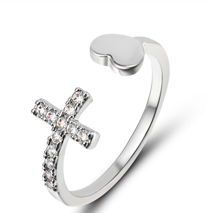 Wholesale Cross Love Heart Geometric Ring with Diamond Finish Alloy Adjustable Accessory