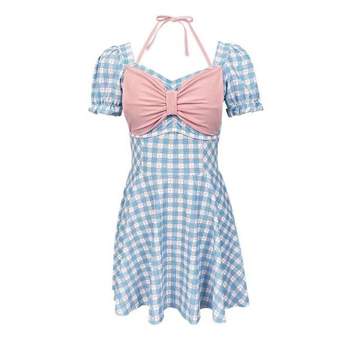 Wholesale Swimsuit women's one-piece skirt style retro checkered hot spring swimsuit