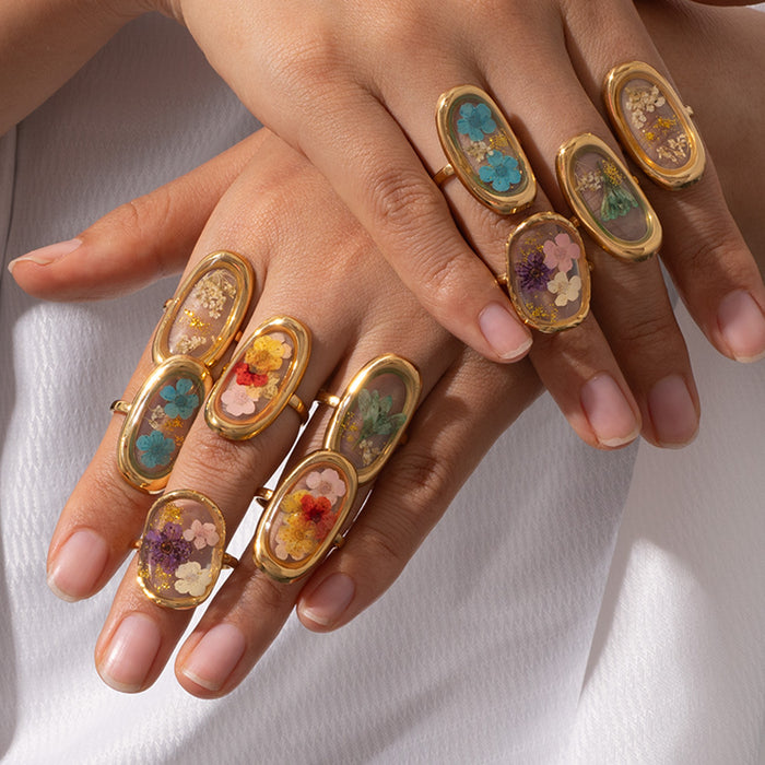 Wholesale Fashionable stainless steel dried flower ring with adjustable opening, retro style multi-color flower ring, color preservation wholesale