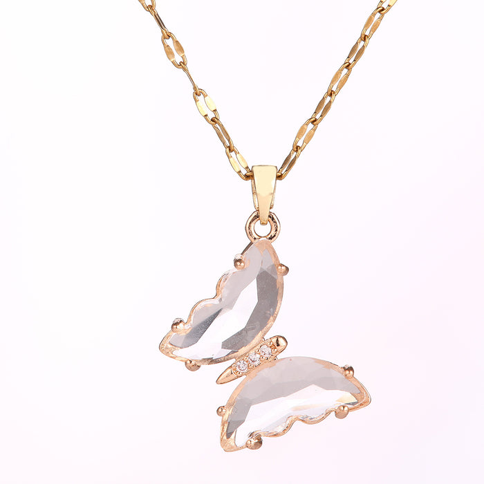 Wholesale Crystal butterfly zircon necklace, niche design, versatile collarbone chain, non fading titanium steel necklace